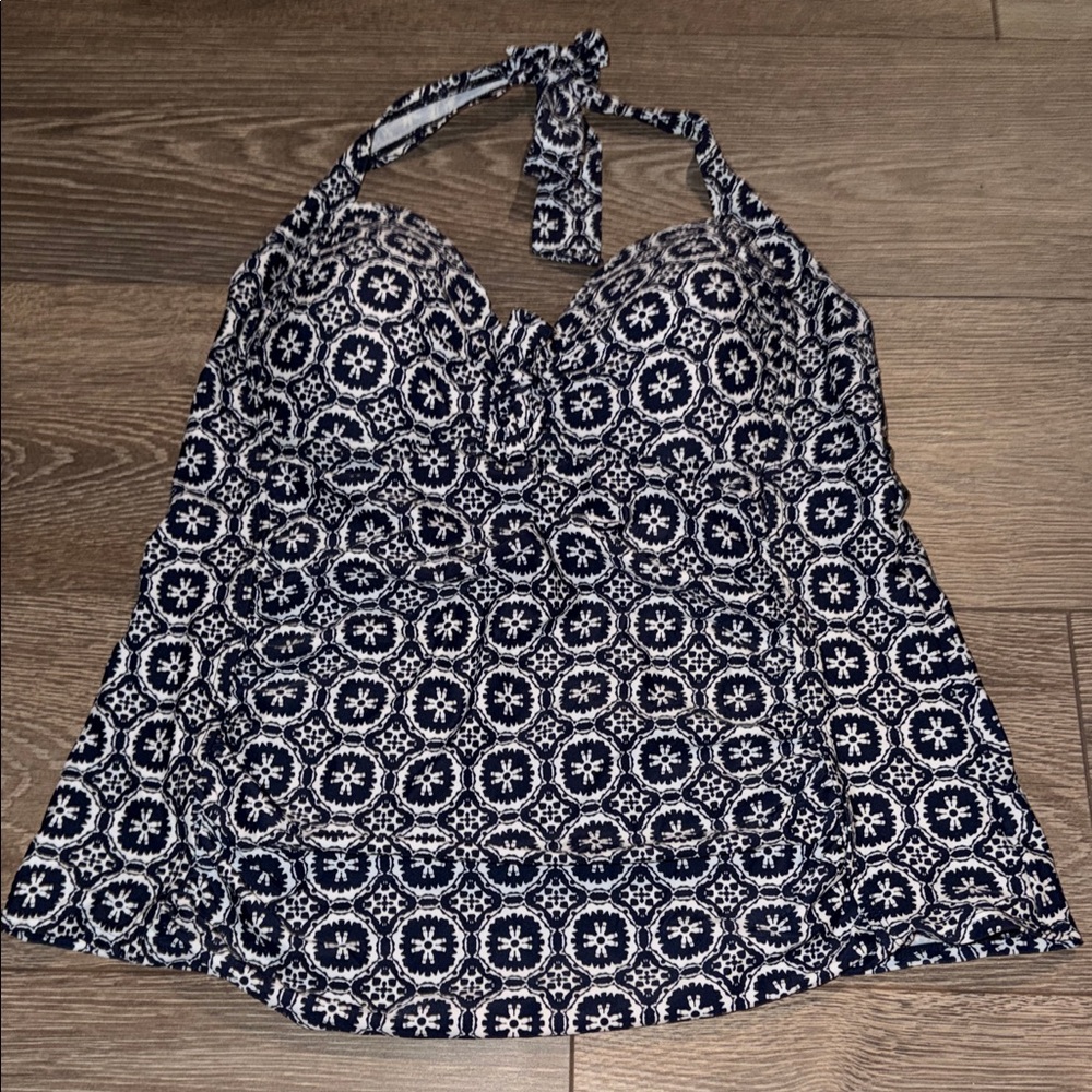 Merona Navy Blue White Pattern Floral Halter Padded Tankini Swimwear Top XL
